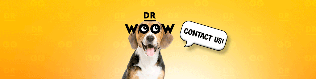 Dr Woow dog with moving eyes and text for contact us